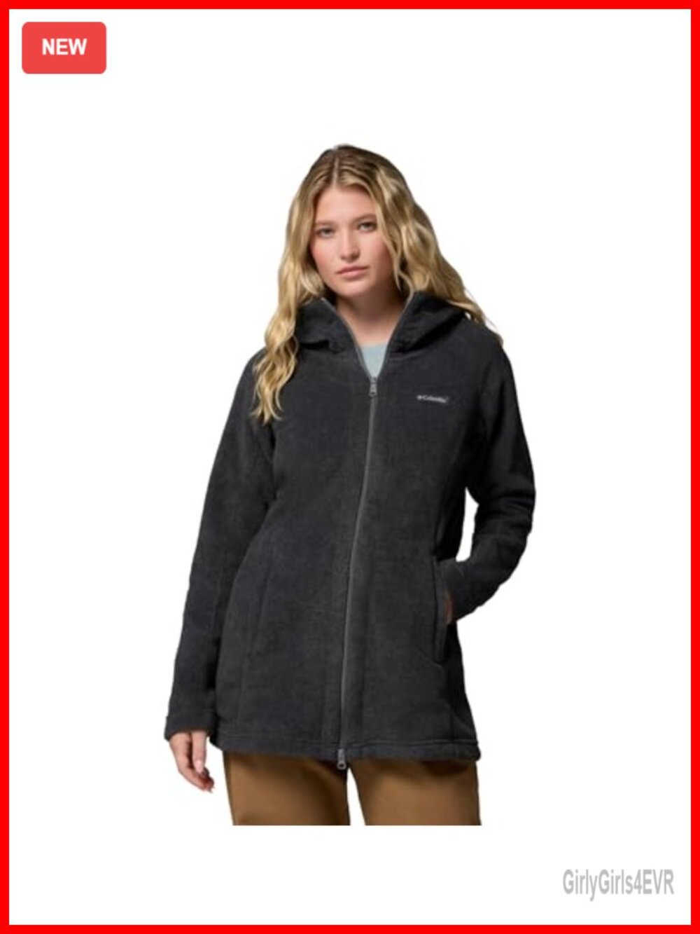 Long Hooded Fleece Jacket Full Zip Two-Way Zipper Pockets Cold Weather